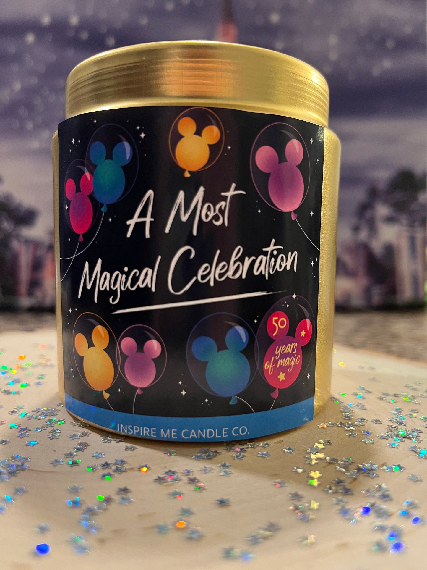 DISNEY'S 50th ANNIVERSARY Candle-A Most Magical Celebration Candle-WDW 50th -Mickey Confetti-Magic Kingdom Mickey Ballons-Disney Gift Magic