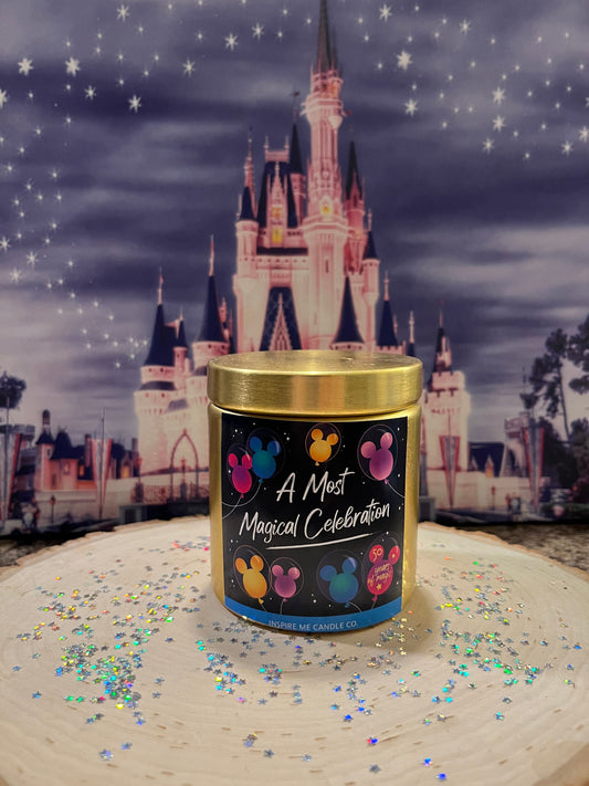 DISNEY'S 50th ANNIVERSARY Candle-A Most Magical Celebration Candle-WDW 50th -Mickey Confetti-Magic Kingdom Mickey Ballons-Disney Gift Magic